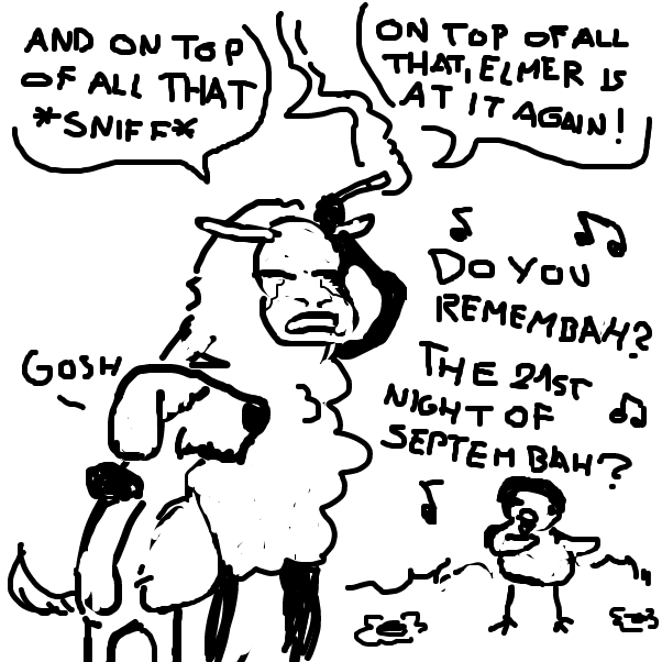 "Was this chick hatched by a record player Charlie? *sniff* What is wrong with him?!" - Online Drawing Game Comic Strip Panel by Peyocay