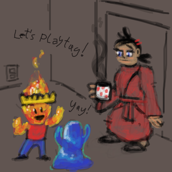 on this picture Goh is wondering if the hotel is insured for fire - Online Drawing Game Comic Strip Panel by Peyocay