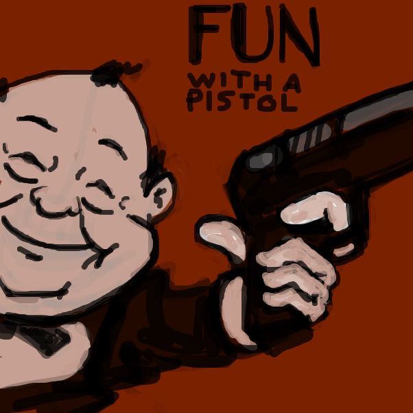 looking up reference i ended up reading some recent reviews of his book and im now considering buying a gun myself  - Online Drawing Game Comic Strip Panel by Peyocay