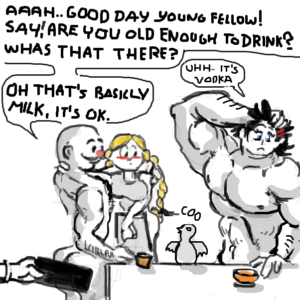 "Honey, please get him some clothes before he pokes someone's eye out with that!" - Online Drawing Game Comic Strip Panel by Peyocay