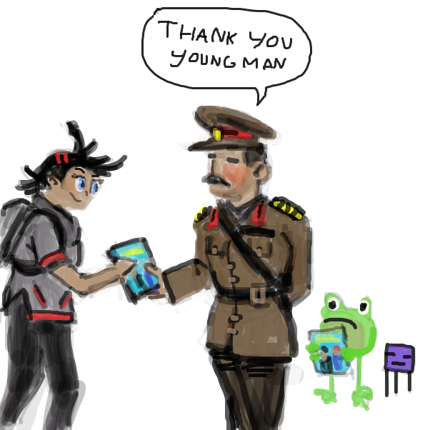 "Here, have a Python DVD in return. I'm afraid it's tend to get silly." - Online Drawing Game Comic Strip Panel by Peyocay