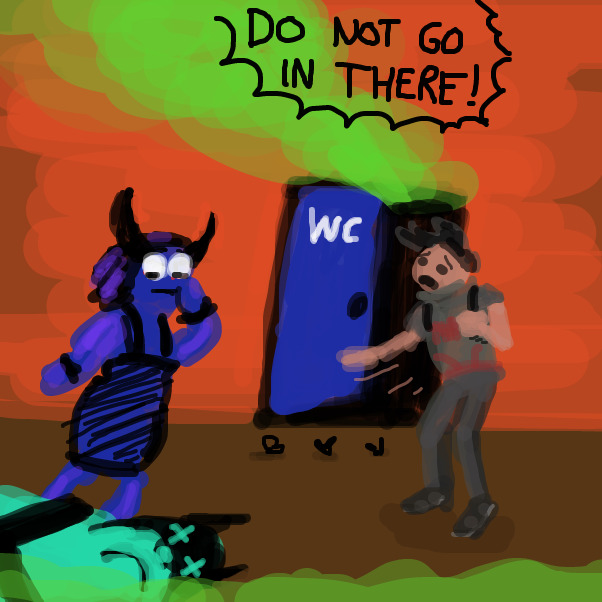 "in fact the building is being evacuated" - Online Drawing Game Comic Strip Panel by Peyocay