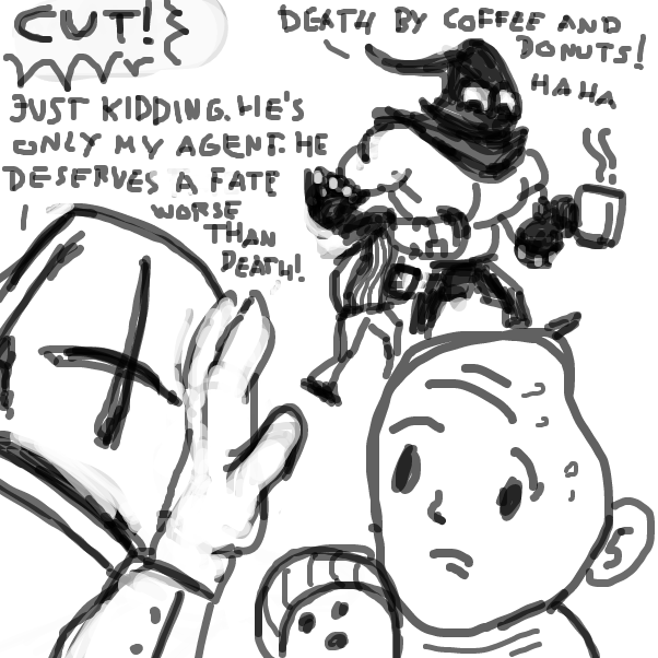 "I'm not even in the movie!" "No worries he does this to everyone" - Online Drawing Game Comic Strip Panel by Peyocay