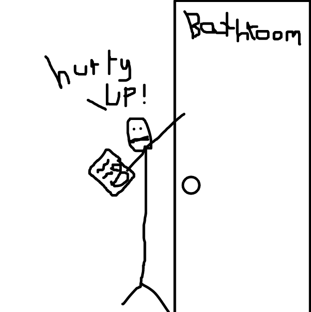 This guy is seconds away from pooping his pants and a skunk is in the bathroom taking a huge dump. - Online Drawing Game Comic Strip Panel by Monkey_HugLuv