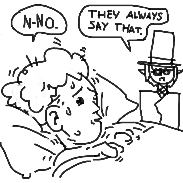 "How about I make some breakfast? Waffles? Hm?" "Please, go away." - Online Drawing Game Comic Strip Panel by Peyocay