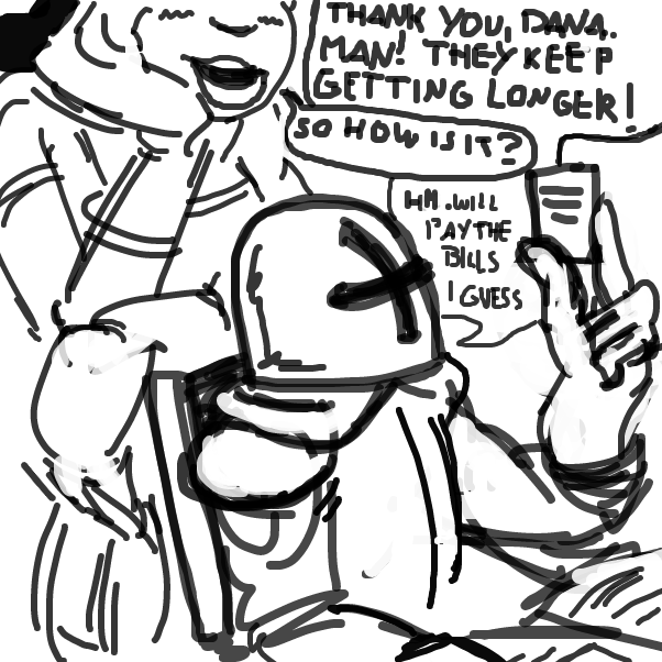 "Think I could get a small part?" "What for? You make more dough one week than our entire budget!" - Online Drawing Game Comic Strip Panel by Peyocay