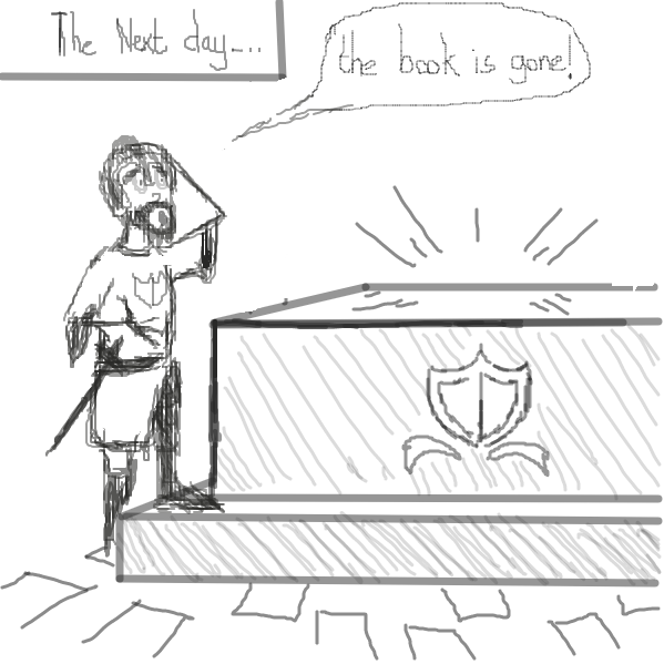 The Guardian of the Sacred Book has been killed (first panel), and now the book is gone, probably stolen by the killer.   - Online Drawing Game Comic Strip Panel by Irma