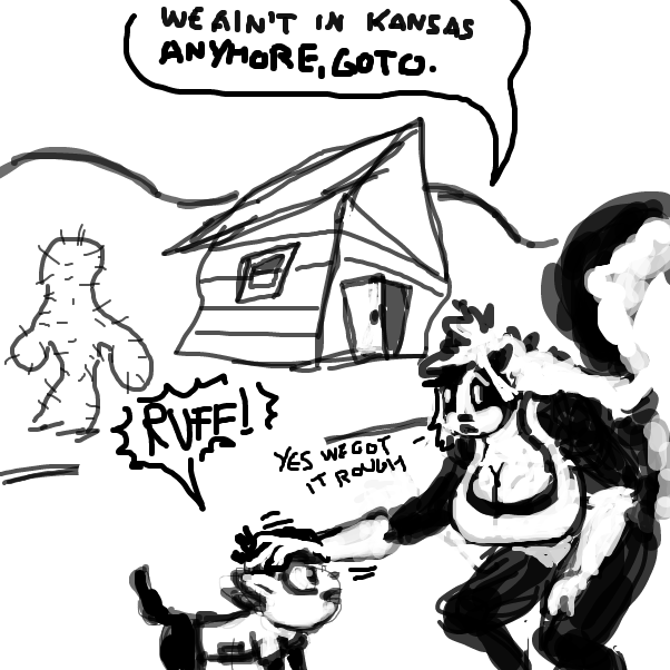 the skunk girl and her little mixed breed dog find themselves near the mexican border - Online Drawing Game Comic Strip Panel by Peyocay