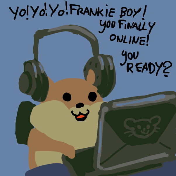 "just bought this new Hamsterware laptop Frankie boy how about that you dig it?" - Online Drawing Game Comic Strip Panel by Peyocay