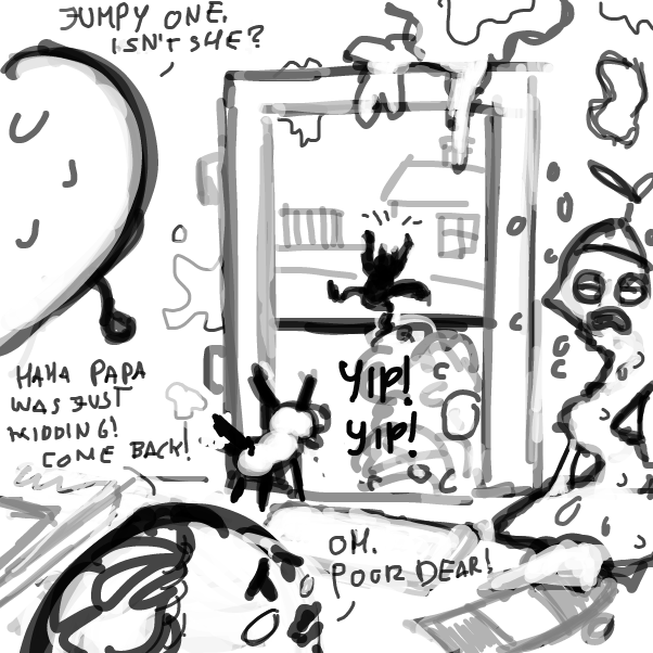 "Don't cry pumpkin, she'll be back!" " Yup. She left the skateboard." "Papa!" - Online Drawing Game Comic Strip Panel by Peyocay
