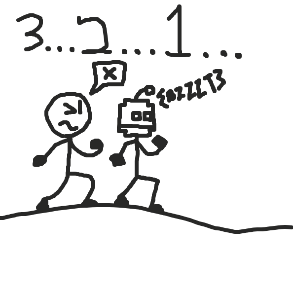A determined stickman is about to start racing a robot that nearly perfects all his moves. - Online Drawing Game Comic Strip Panel by cherrybread