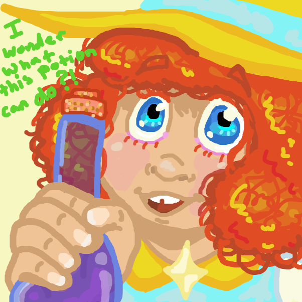 A little witch girl is testing out potions with her partner, they have no idea what this purple potion can do. - Online Drawing Game Comic Strip Panel by SirensPort