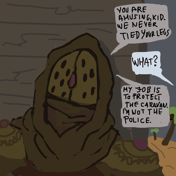 "What was that about cutting me down?" "I thought you killed Habib. He was only knocked out,  what a goof!" - Online Drawing Game Comic Strip Panel by Peyocay