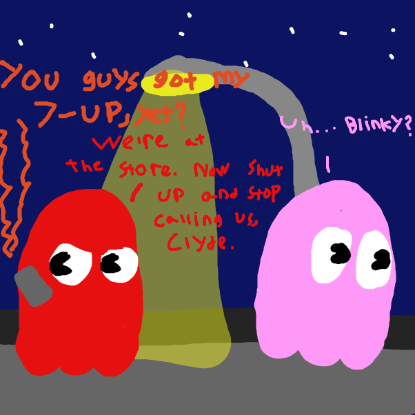 Drawing in Blinky and Pinky go the store by TheOctavius8