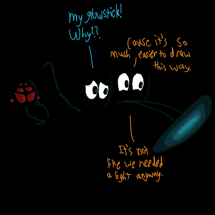 "I'm scared of the dark though...."

"Well we can use those glowing red floating lights then." - Online Drawing Game Comic Strip Panel by Setin