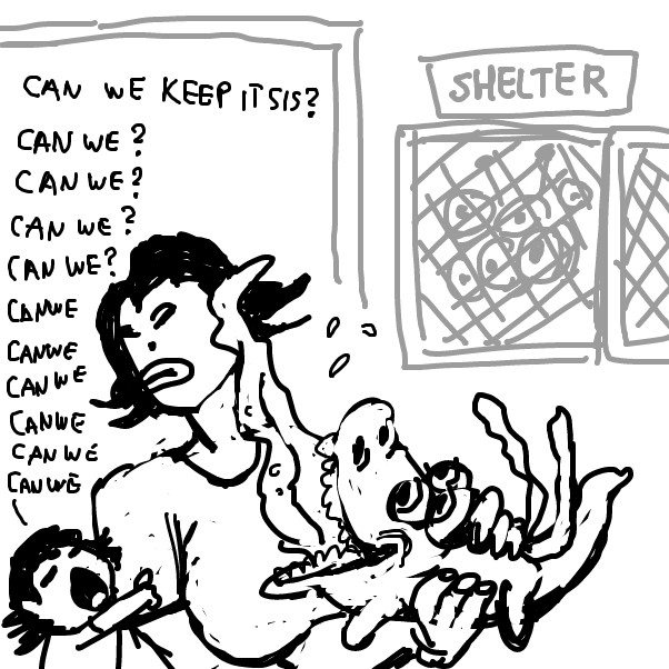 an old idea for a Lilo and Stich(tm) parody where a girl and her younger sister buy a strange dog, but all I ever got was this single panel - Online Drawing Game Comic Strip Panel by Peyocay