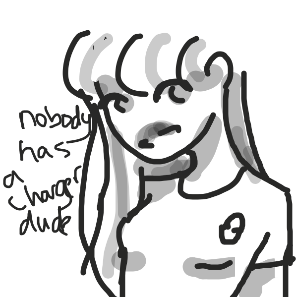 Drawing in i swear if no one has a charger i'll skin myself by Starfang