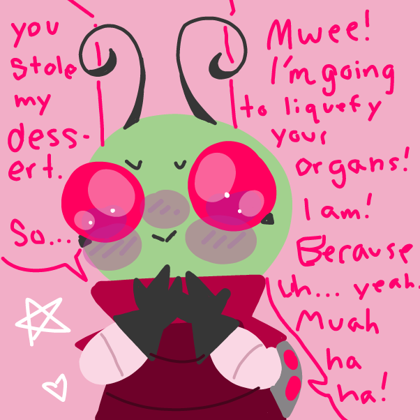 very very evil. the evilest. i will fill your shoes with beans. i will then steal your socks. and stuff. evil stuff, probably. hee hee. i will then. uh do MORE evil stuff. because that's what i do. anyways, here's a cookie  - Online Drawing Game Comic Strip Panel by MovedAccounts