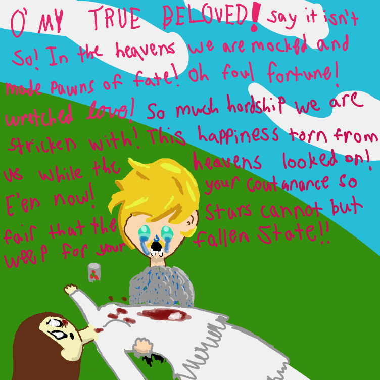 We are cursed in our wish, for nothing save pain have traversed our way! We are left to mourn our sorrows, drowned in love, a yearning which does not cease! How cans't such grief not warrant a miracle in the eyes of heav'n? Were I at the throne of God I... - Online Drawing Game Comic Strip Panel by Setin