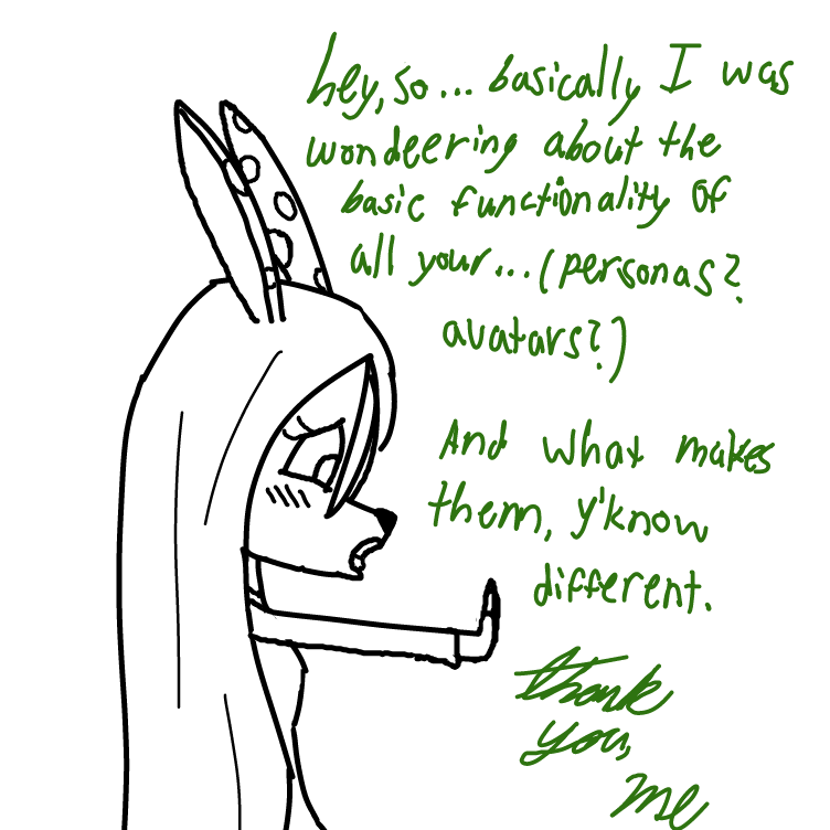 To clarify, the question is just why all the different personas? How do they vary and why are they important to you? Thanks <3 - Online Drawing Game Comic Strip Panel by Setin