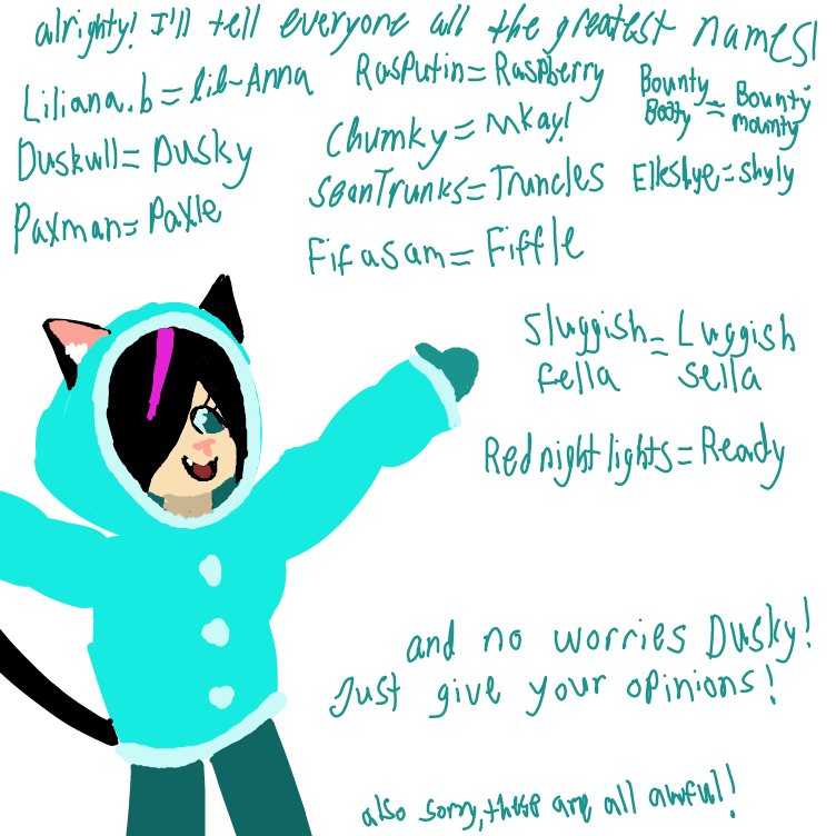 Ok... I'm sorry the nicknames are awful, but to be fair I was making them up as I went... Also it's late. And also am a nobody, but luckily I never stop being loud so people are forced to reconcile with me! - Online Drawing Game Comic Strip Panel by Setin