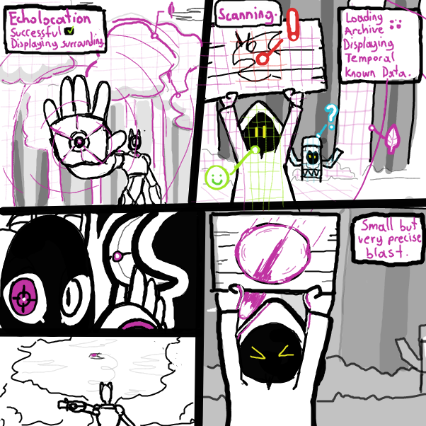 A note: The purple grid thing is not actually visible for others per say just to emphazise the idea i was going for. It's what the Pilot Can see? i don't know how to explain it exactly xD oh well - Online Drawing Game Comic Strip Panel by Sluggishfella