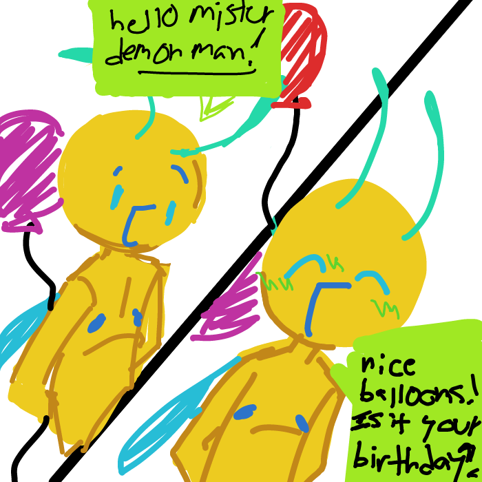 hands behind his back to restrain the urge to squish the balloons.  - Online Drawing Game Comic Strip Panel by Razputin
