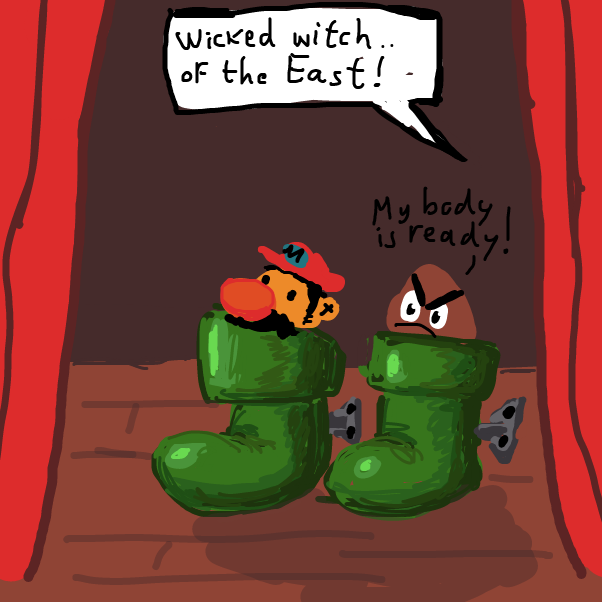 this is a multi layered one: I'm from the East (eastern eu) and it's a Kuribo shoe because for my avatar I have mario for some reason and you only ever see the East witches shoes (.. maybe i should have drawn the stiletto version from maker2 ohwell) - Online Drawing Game Comic Strip Panel by Peyocay