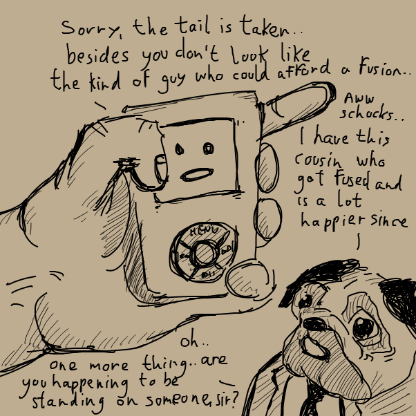 "you might want to ask my lawyer about that one" "right" "who your cousin got fused with?" "plate of ribs.. by the mouth.. he got detached since.. but was real happy while it lasted" - Online Drawing Game Comic Strip Panel by Peyocay