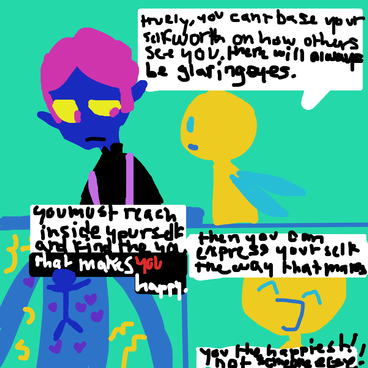 I’m sorry for the terrible handwriting :(. But this panel really spoke to me, eggleon.. I know how you feel, as someone who has struggled with their identity for the longest time. It can be discouraging trying to pass as one and being told the other.  - Online Drawing Game Comic Strip Panel by Razputin