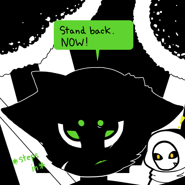 a fearless warrior has appeared, ready to defend the newcomers from the mysterious creature... - Online Drawing Game Comic Strip Panel by Elle