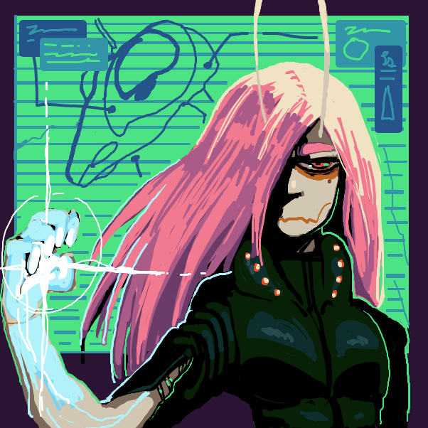 i rlly like this kinda style with the cool robots and the neon colors idk what they call it lmao, this is my OC Lavlos!  - Online Drawing Game Comic Strip Panel by Chumky