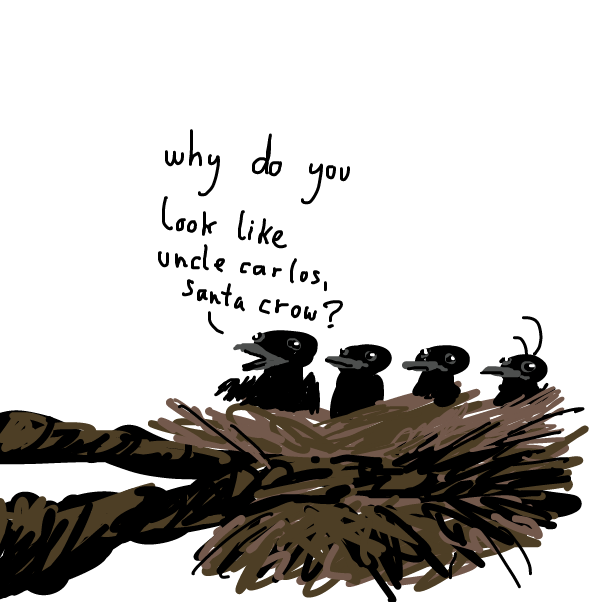 so i looked up how baby crows look like and they look exactly like baby chickens - just all black and with a menacing look - Online Drawing Game Comic Strip Panel by Peyocay