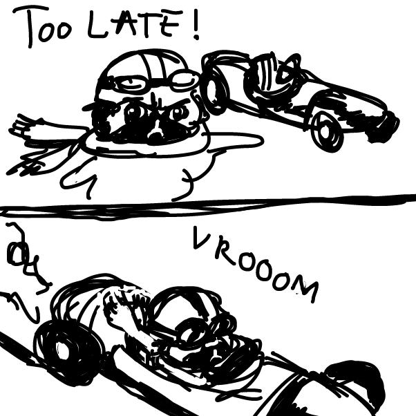 Not any track is turning but the race is in my head
I'm attacking the illusion but the stopping drives me mad - Online Drawing Game Comic Strip Panel by Peyocay