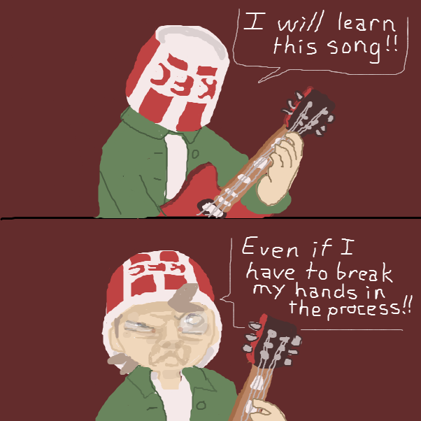 fifasam human kfc bucket, 

little bits of kfc grease in the hair, 

the kfc greaser, 

ride a kfc motorbike, 

wear a green jacket, 

and have little hair bits with kfc grease, 

little greasy bits, 

in the hair...



 - Online Drawing Game Comic Strip Panel by Chepley