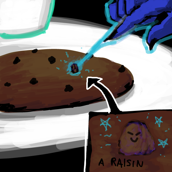 so uhh.. the joke is the devil is turning some of the chocolate chips to raisins - Online Drawing Game Comic Strip Panel by Peyocay