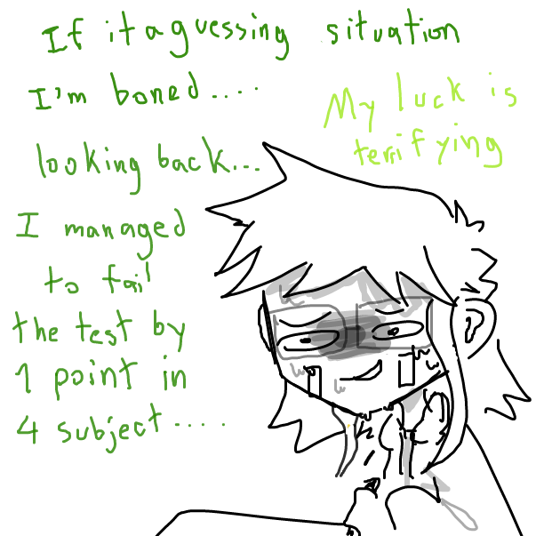 In multiple choice if i don't know anything.... i managed to almost passed with 1 or half a point in half of the subject.... which is more hurtful than anything..... I already know my luck.... that's why i never win in any luck based game like bingo - Online Drawing Game Comic Strip Panel by FifaSam