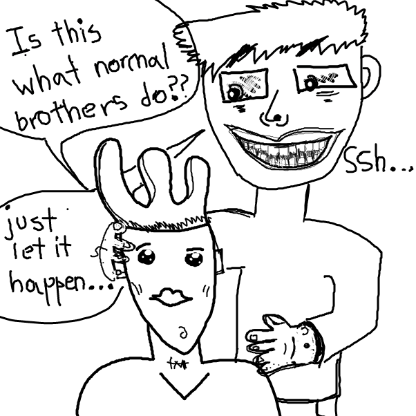 Older Brother is trying to massage younger brother. There is an uncomfortable atmosphere. - Online Drawing Game Comic Strip Panel by CandyRainStorm