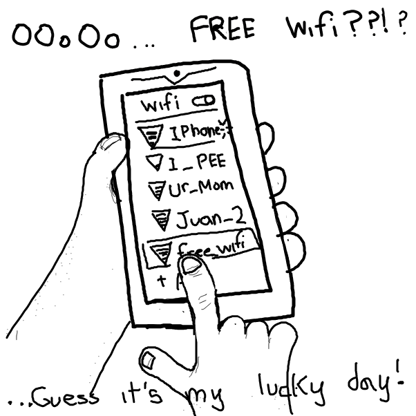 Person clicks on supposedly 'Free Wifi' network on smartphone. - Online Drawing Game Comic Strip Panel by CandyRainStorm