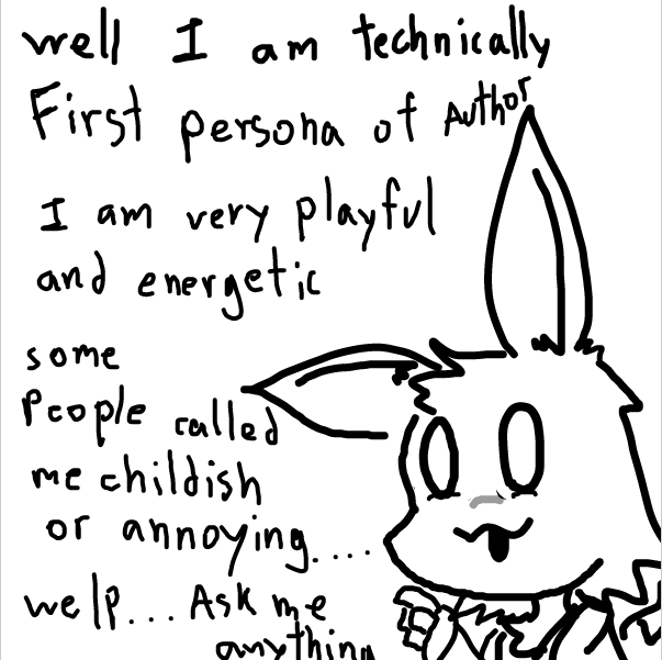 (obviously) he based on an eevee.... he the first personality to be born.... likely born the same day as author... but the first time i'm designing him i actually plan to make him a split personality and stuff... but.. end up with the others character -sam - Online Drawing Game Comic Strip Panel by FifaSam