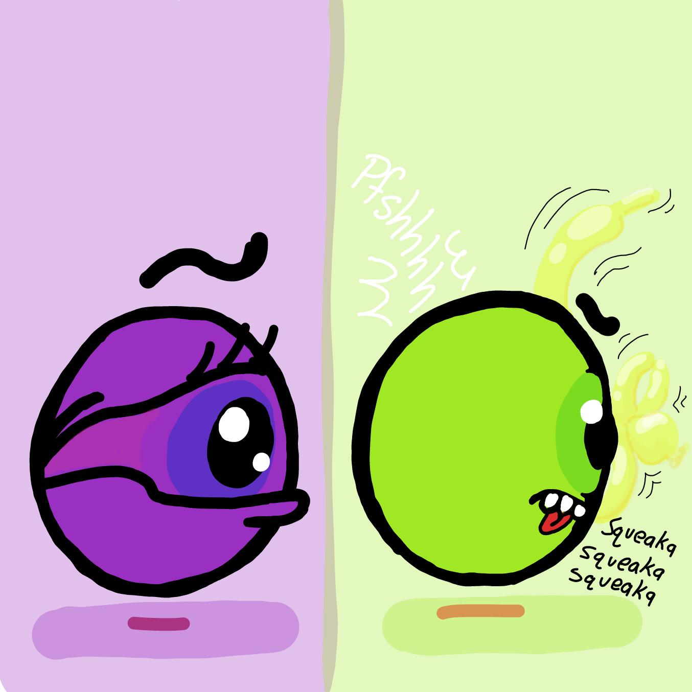 Green eye blows up a twisting balloon and begins making a sculpture to offer as a friendly gesture. Purple eye is intriguiged but still cautious. - Online Drawing Game Comic Strip Panel by Wizard Croissant