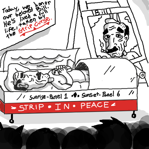 We are gathered here today to honor the beloved life of Bill. Make his funeral a memorable one. - Online Drawing Game Comic Strip Panel by xavvypls