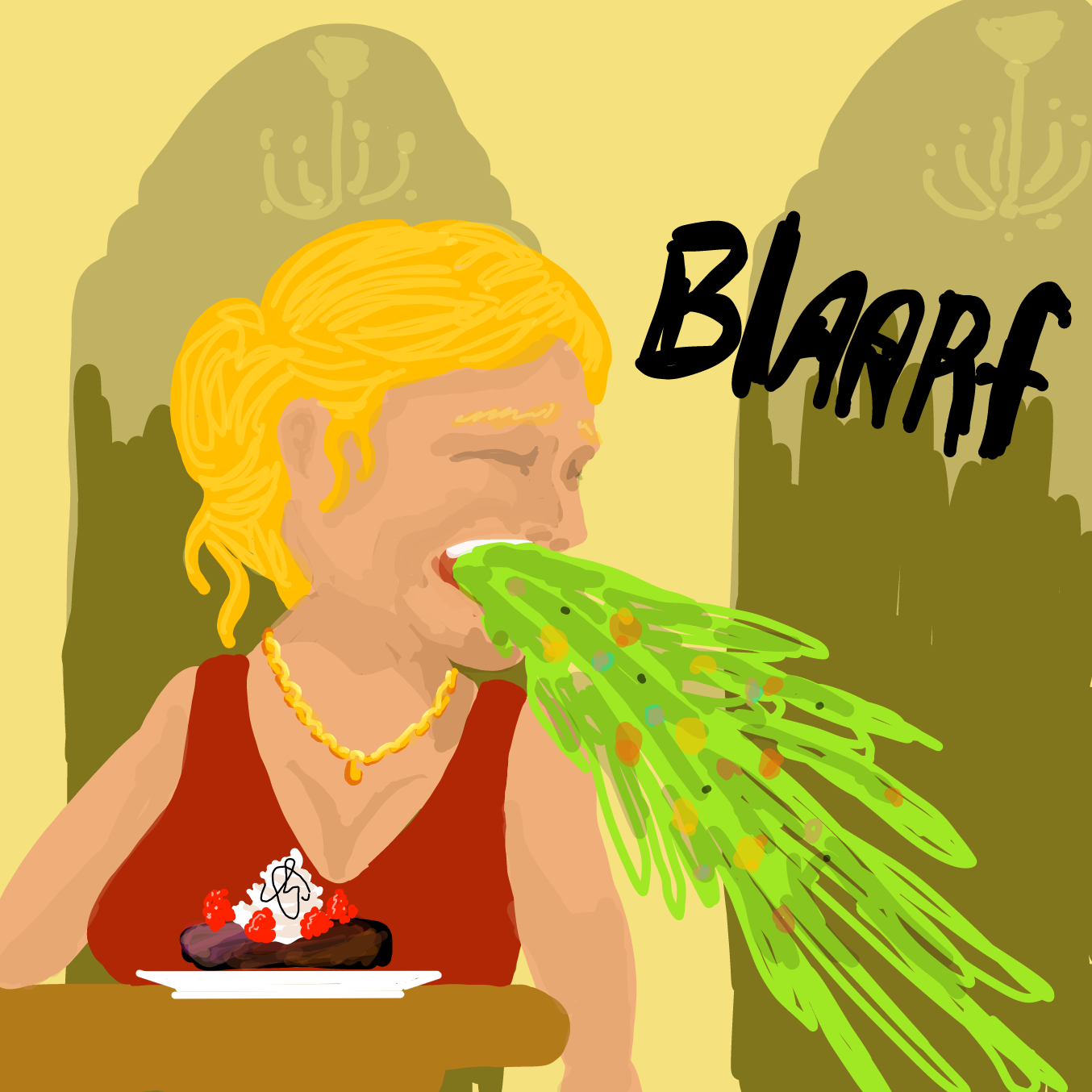The guest chef has sent out a dessert with a gnarly, curled pube on it. The guest vomits profusely.  - Online Drawing Game Comic Strip Panel by Wizard Croissant