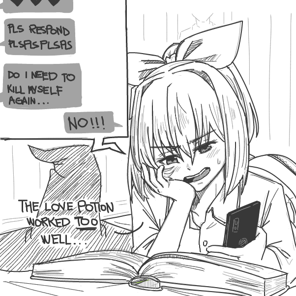 Plot twist! It's the wizard girl that was originally in love the whole time! The love potion she gave the dude kicked in a little too hard, I guess. Now she has to deal with her past actions. - Online Drawing Game Comic Strip Panel by flxsemi