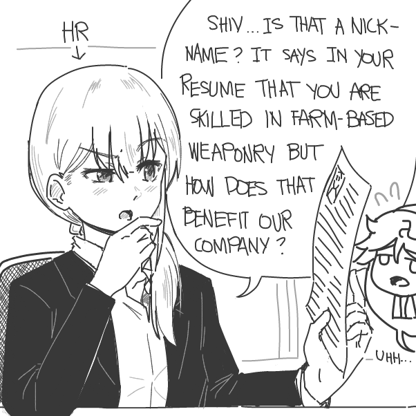 Uh oh! Shiv has faced his toughest opponent yet: Human Resources! How will our aloof and battle-hardened hero deal with the terrifying reality of applying for a job? Find out next time as the next player will reveal to us Shiv's relevant skillset and such! - Online Drawing Game Comic Strip Panel by flxsemi