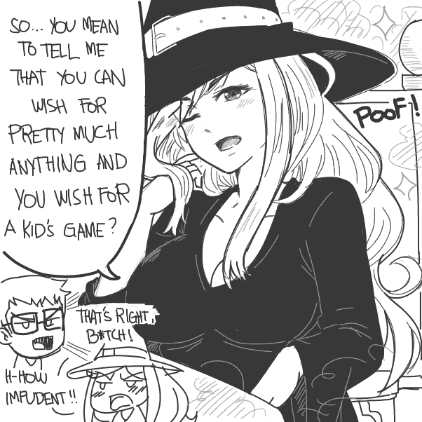I gave him the /v/ attitude of getting riled up when someone talks shit about their favorite game. Also Lidia is now sitting in a chair conjured from magic. - Online Drawing Game Comic Strip Panel by flxsemi