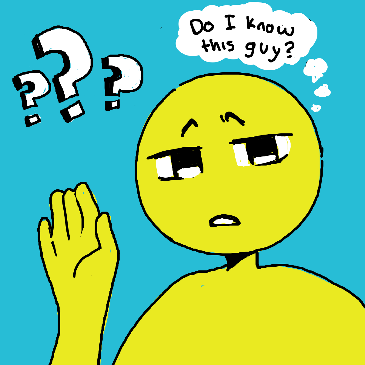 Jim just moved into town and decided to take a stroll on a near-by park, there, he decides to greet the first person he sees. Of course you’d be confused if a stranger approached you as if they’d known you for years! But hey, he seems friendly I guess? - Online Drawing Game Comic Strip Panel by bubaki