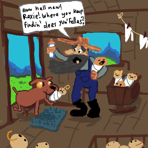 "I'm gon tell you sumthin, dees is suur not haw I pectured bachlor' life, Rexie, hee hee" - Online Drawing Game Comic Strip Panel by Peyocay