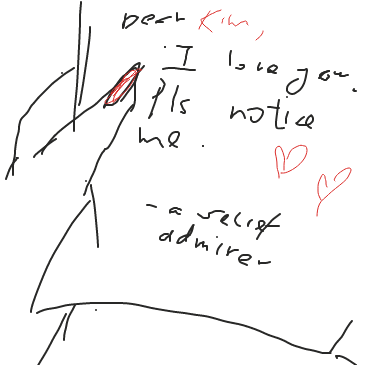 In the envelope was a love letter from a secret admirer. The admirer wanted Kim to notice them. - Online Drawing Game Comic Strip Panel by Hina the Meme-ma