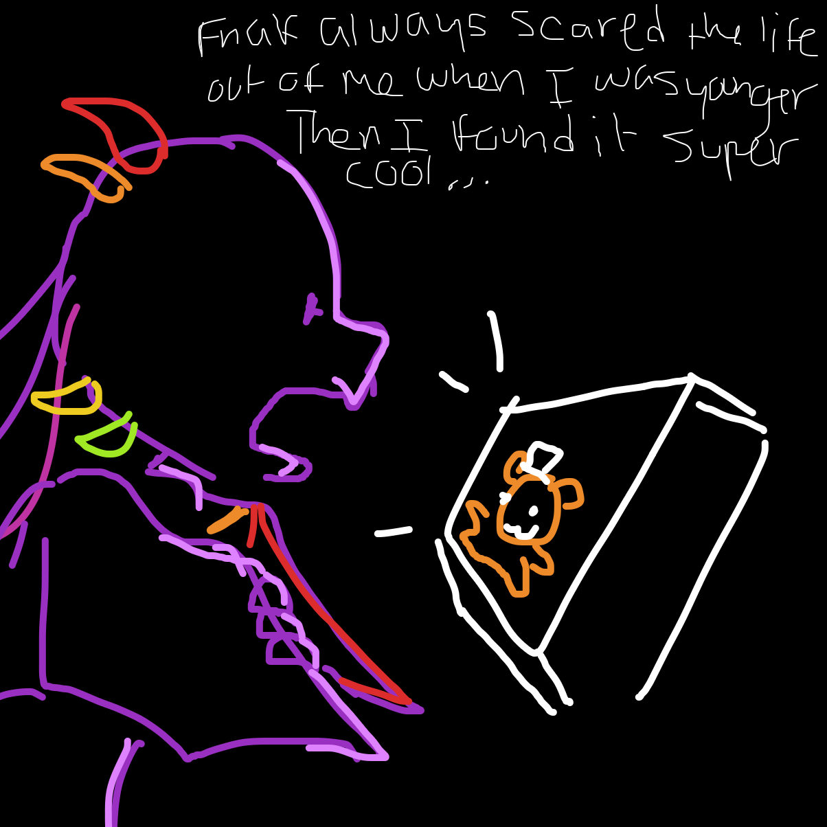 For the longest time I couldn’t sleep alone because I was afraid Freddy was gonna eat me. Then I got over it and searched up purple guy x phone guy art as a kid XD. Now I love it!! Not the ship- the game. also a few years back my 6 yr old cousin loved fnaf - Online Drawing Game Comic Strip Panel by Razputin